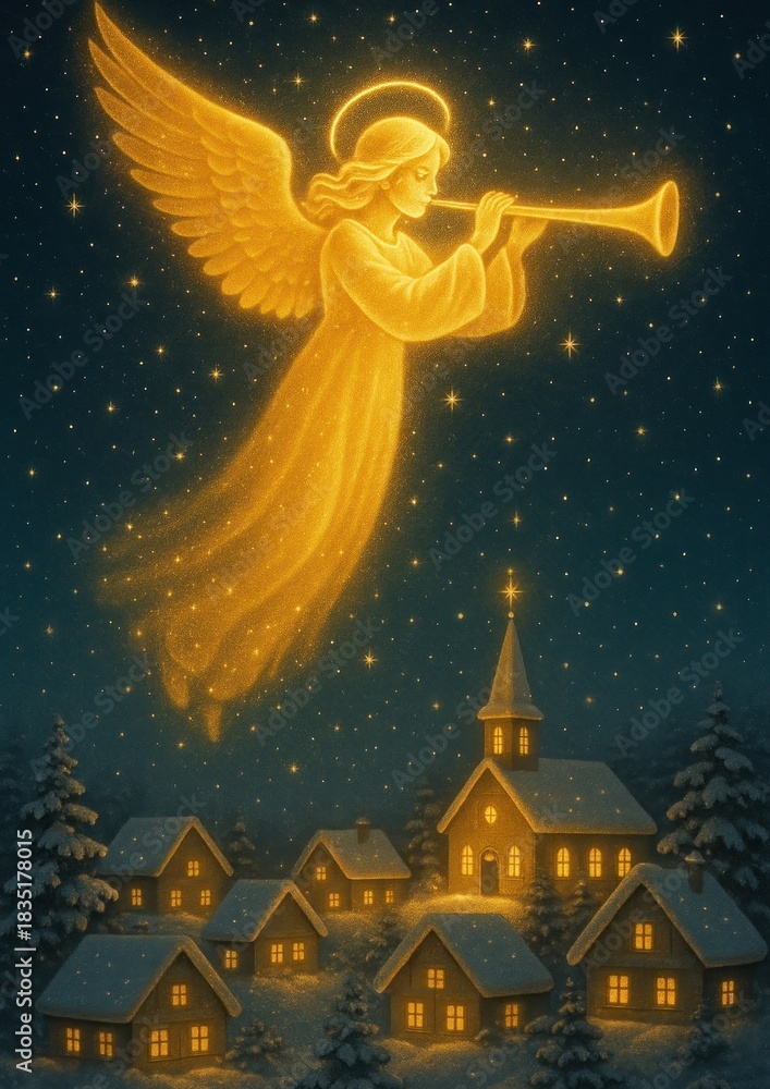 Obraz premium Celestial angel over snowy village.