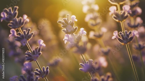 Close-up of lavender flowers illuminated by warm golden sunlight purple bloom