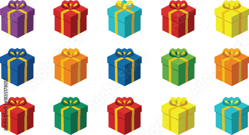 gift box grid, isometric presents, colorful packaging, festive wrapping, ribbon bows, holiday decor, cheerful design, celebration icons, seasonal illustration, vibrant layout