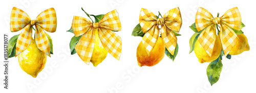 Watercolor set of lemons decorated with yellow bows. Lemon branch with yellow checkered bow. Summer vintage Italian Mediterranean elements. Lemons with bows for poster design, menus, etc.