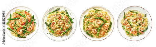 Watercolor set of pasta with shrimp. Italian cuisine spaghetti dishes. Mediterranean cuisine with seafood and asparagus. ready-made dishes for posters, menus etc. Vector illustration.