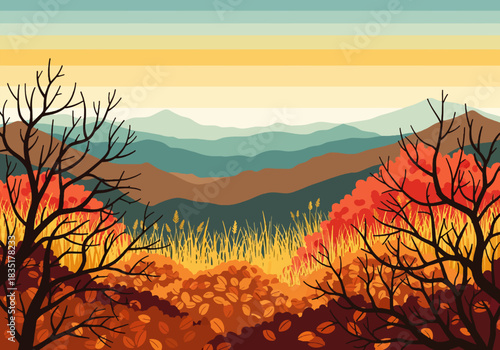 Autumn Mountain Viewpoint overlooking Colorful Hills, Branches and Golden Field foreground Scenic Horizon