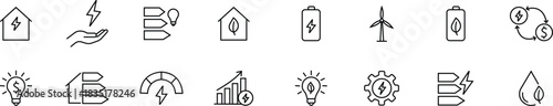 Energy saving eco power icon set collection in black line style, sustainability electricity efficiency symbols pack with renewable green energy illustrations, environmental resource graphic elements