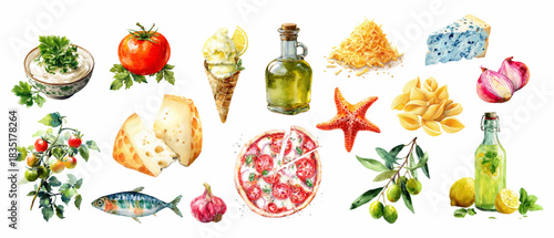 Italian watercolor collection of Mediterranean dishes with fresh vegetables, cheeses, seafood, olive oil, pasta and herbs. Elements of Italian and Greek cuisine. Vector illustration.