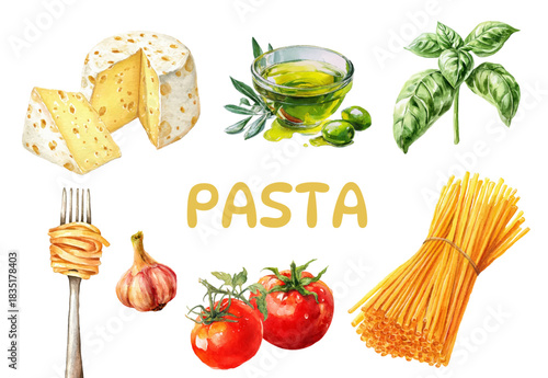 Watercolor set of ingredients for cooking pasta. Cheese, spaghetti, tomato, garlic, olive oil and basil. Banner for culinary blogs, restaurants and cafes. Concept of Mediterranean and Italian cuisine.