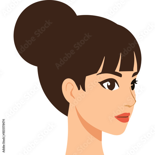 Stylized Portrait Of A Young Woman With A Neat Brown Hair Bun And Side Bangs Looking To The Right With Subtle Makeup And A Dark Background Vector Illustration