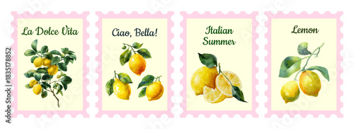Set of summer Mediterranean posters with lemons. Amalfi or Sicily postage stamps with the image of ripe lemons. Italian posters. Vector illustration.