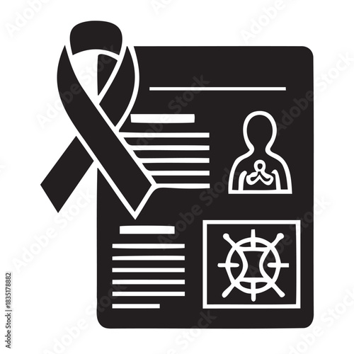 Radiology and cancer prevention icon with black awareness ribbon and medical document on white background — ideal for healthcare, oncology and preventive screening content.