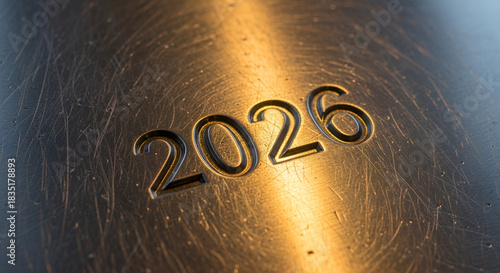 Year 2026 embossed on scratched metal surface with golden light and texture