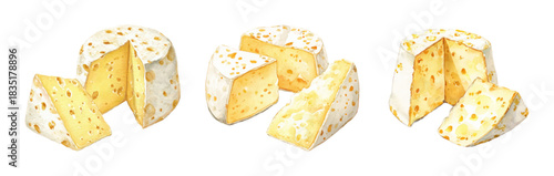 Watercolor set of hard cheese. Dairy hard cheese with cut slice. Delicious dairy food product. Hand drawn Vector illustration. Isolated design elements