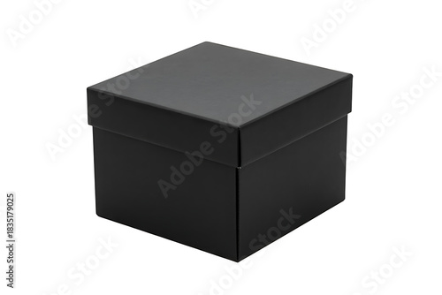 A sleek black square gift box with a matching lid, perfect for packaging presents, isolated on white background