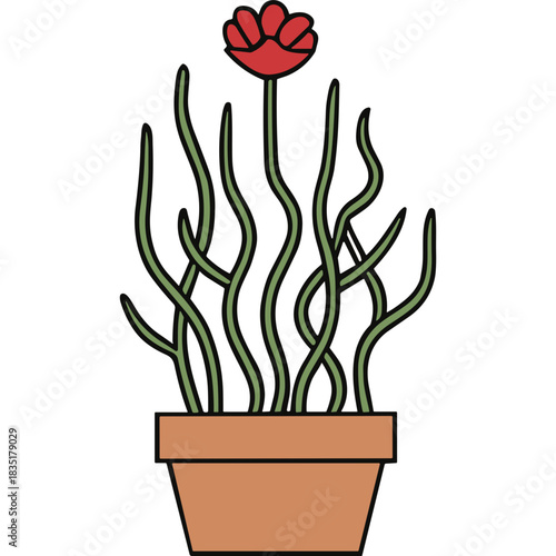 Stylized Red Flower Growing From Tall Green Stems in a Terracotta Pot Against a Black Background Minimalist Illustration