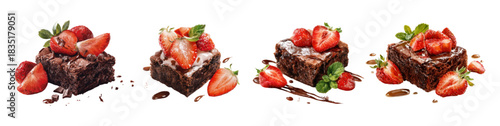 Watercolor set of chocolate brownies with strawberries. Chocolate desserts with strawberries, sprinkled with powdered sugar and decorated with mint leaves. Chocolate pastries with summer berries.