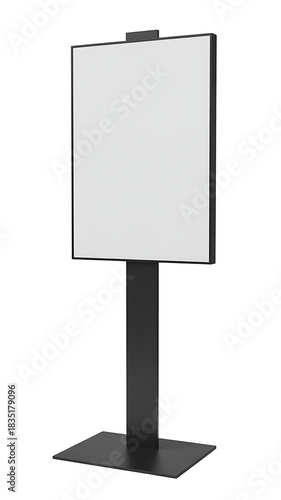 Vertical digital display stand with a blank white screen, black frame, and sturdy base, isolated on white background