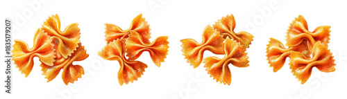 Set of realistic pieces of dry farfalle pasta isolated background. Close-up of food illustration showing uncooked farfalle pasta. Perfect for culinary design, Italian cuisine concepts, menu design.