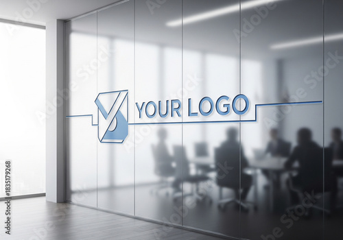 Frosted glass logo mockup in office