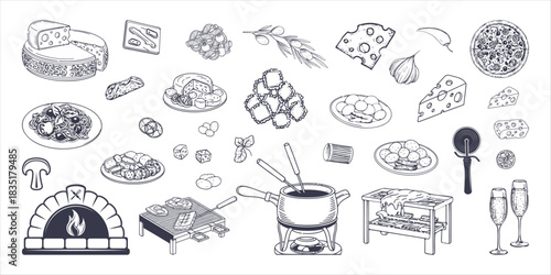 Cheese, Pizza, Pasta, Fondue and Italian Food Line Art Icons Set