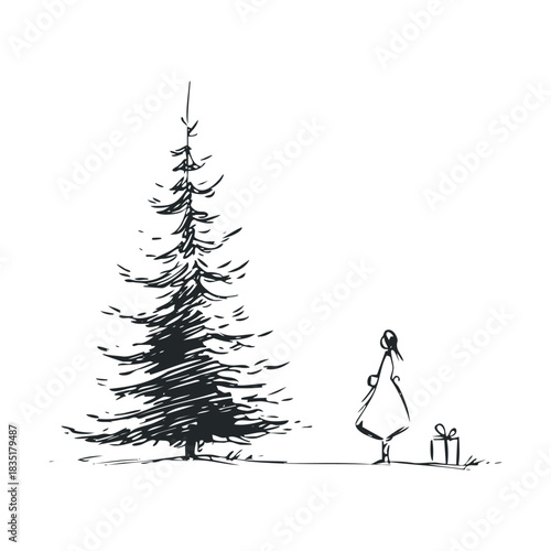 Sketch of a person near a tall pine tree and small gift