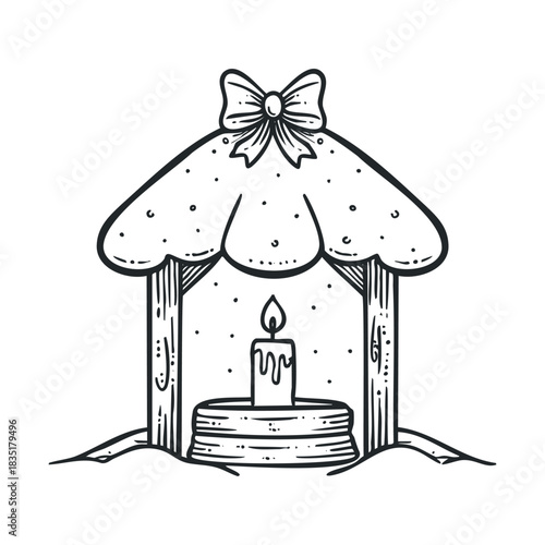 Sketch of a small shrine with a burning candle and a bow