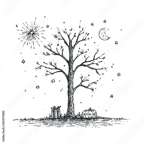 Detailed sketch of a bare winter tree with a pumpkin and moon.