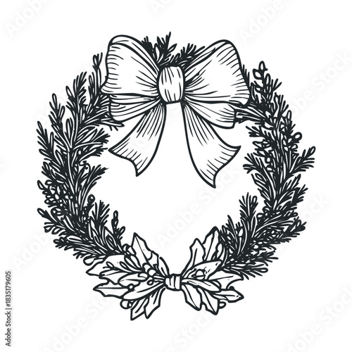 Pine wreath drawing with a big bow on top.