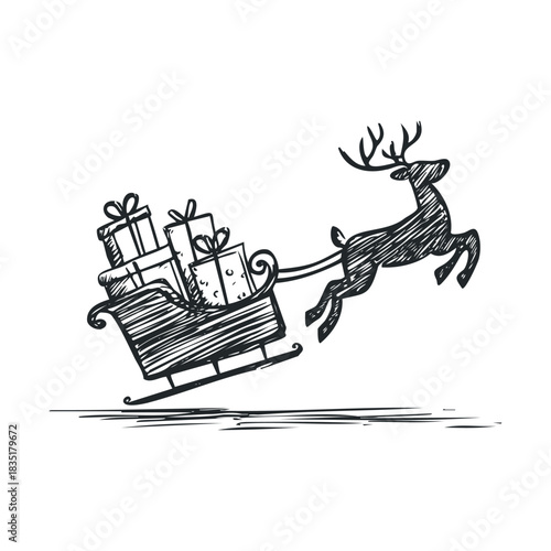 Monochrome sketch of a reindeer pulling a sleigh piled with gifts.