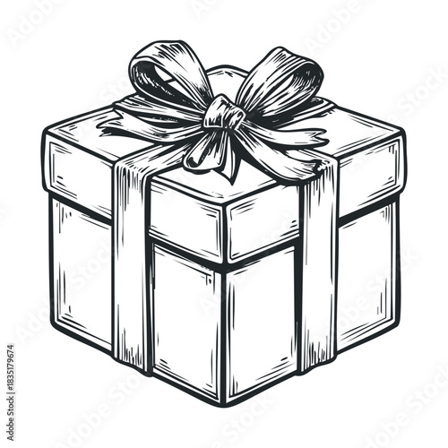Highly detailed sketch of a square present box with an elaborate bow.