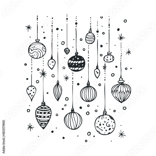 Hanging Christmas baubles in a monochrome hand-drawn style.