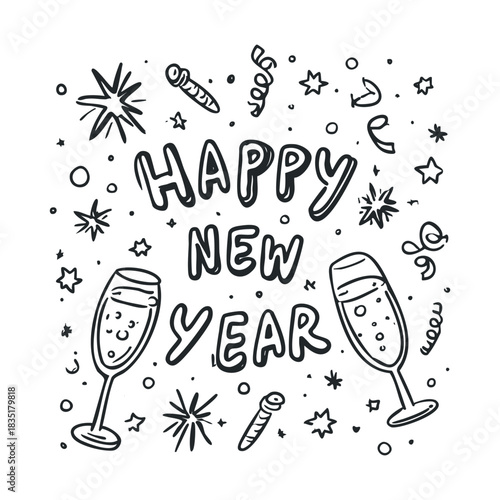 Black and white doodle saying Happy New Year with champagne flutes.