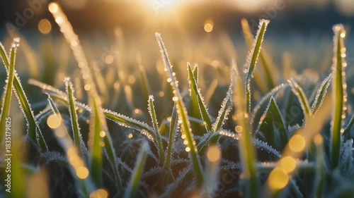 Frost covered grass blades with sun flares cold