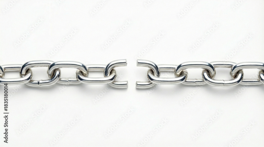 Fototapeta premium Minimal silver chain with clean precise central break isolated on pure white background premium simple concept