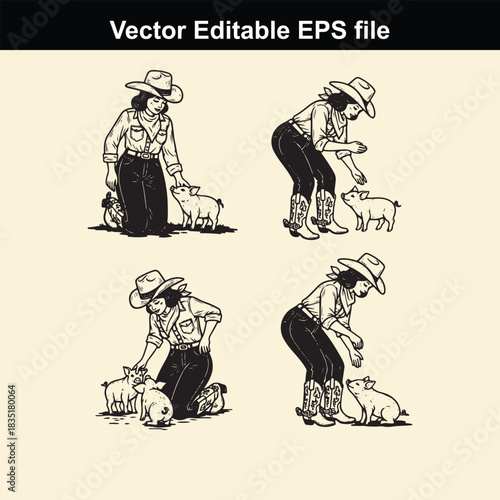 vector editable eps file showing four different poses of a cowgirl interacting with small piglet animals in a vintage black and white line art style illustration