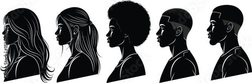 Black Silhouette Profile Set of Diverse Men and Women Heads with Various Hairstyles, Illustrating Diversity, Beauty, Identity, and Multi-Ethnic Group
