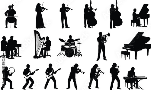 Black Silhouette Vector Set of Musicians Playing Instruments like Cello, Violin, Piano, Harp, Drums, Trumpet, Saxophone, and Guitar for Music Theme