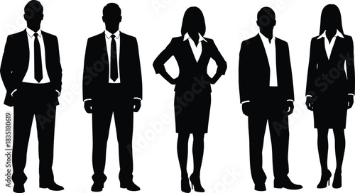 Business professional silhouettes, corporate attire, teamwork concept, minimal vector illustration, standing group, black background, diversity, formal wear, leadership, unity
