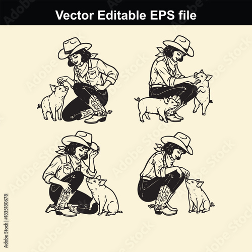 vector editable eps file showing four illustrations of a cowgirl in western attire squatting down to interact affectionately with small pigs or piglets in various poses