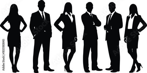Business silhouette illustration, professional attire vector, confident posture, black and white design, minimal style, leadership, teamwork, fashion, identity, corporate