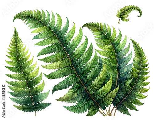 Fern fronds display detailed pinnate leaves in shades of green, isolated against a black background