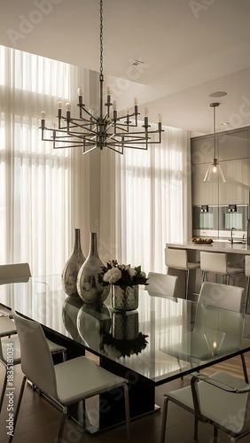 Elegant Dining Room with Modern Chandelier and Glass Table.