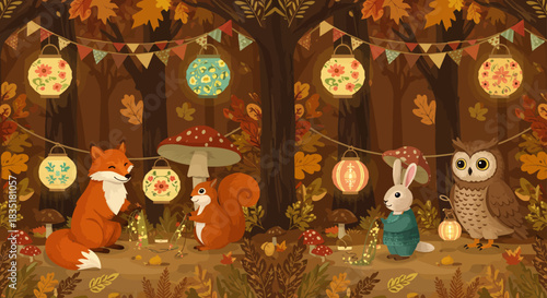 whimsical autumn forest gathering fox squirrel rabbit and owl enjoying a lantern-lit party amidst fall foliage ideal for storybooks