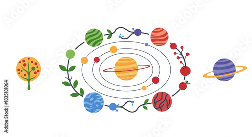 whimsical planets orbiting the sun surrounded by flora creating a solar system illustration for educational materials and childrens science projects evoking nature and learning