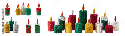 Collection of 3D handmade Christmas candles, origami style, isolated on white