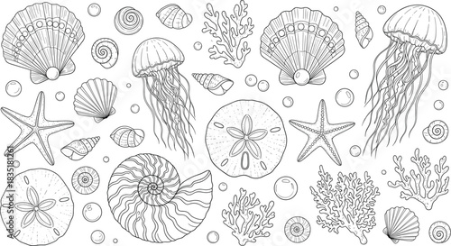 Intricate Black and White Seamless Vector Pattern of Hand-Drawn Underwater Elements, Featuring Shells, Coral, Starfish, and Jellyfish, Ideal for Ocean-Themed Design and Adult Coloring Books.