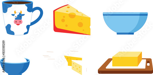 Essential Dairy Products Vector Icon Set Featuring Milk in a Cow-Print Mug, Cheese, Butter, and Bowls of Yogurt, Ideal for Food, Nutrition, and Breakfast Graphics and Banners