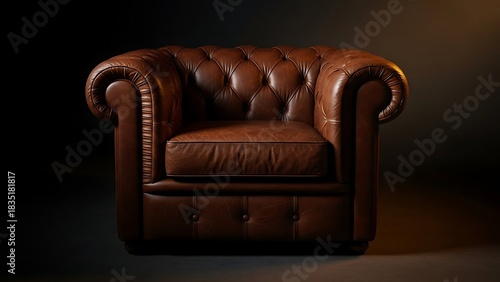 Elegant Brown Leather Armchair in Dark Room, Classic Design.
