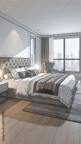 Elegant Bedroom Interior Design with City View and Natural Light.