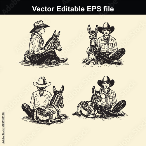 collection of four vintage style vector illustrations depicting cowboys and cowgirls sitting beside their donkeys or mules in various poses, perfect for western themed design projects