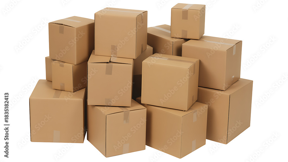 Fototapeta premium A large stack of various sized brown cardboard boxes, ready for shipping or storage, isolated on white background