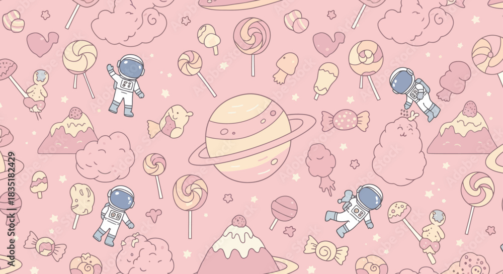 Fototapeta premium cute astronaut pattern whimsical spaceman floating among pastel sweets planets seamless design ideal for childrens decor and fabric designs.