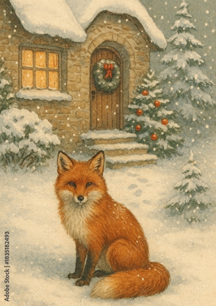 Naklejka premium Cozy winter fox scene